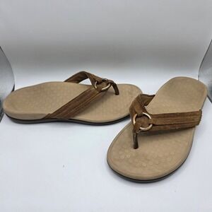Vionic Womens Suede Thong Sandals Brown Gold Ring Orthotic Flip Flops Size 8